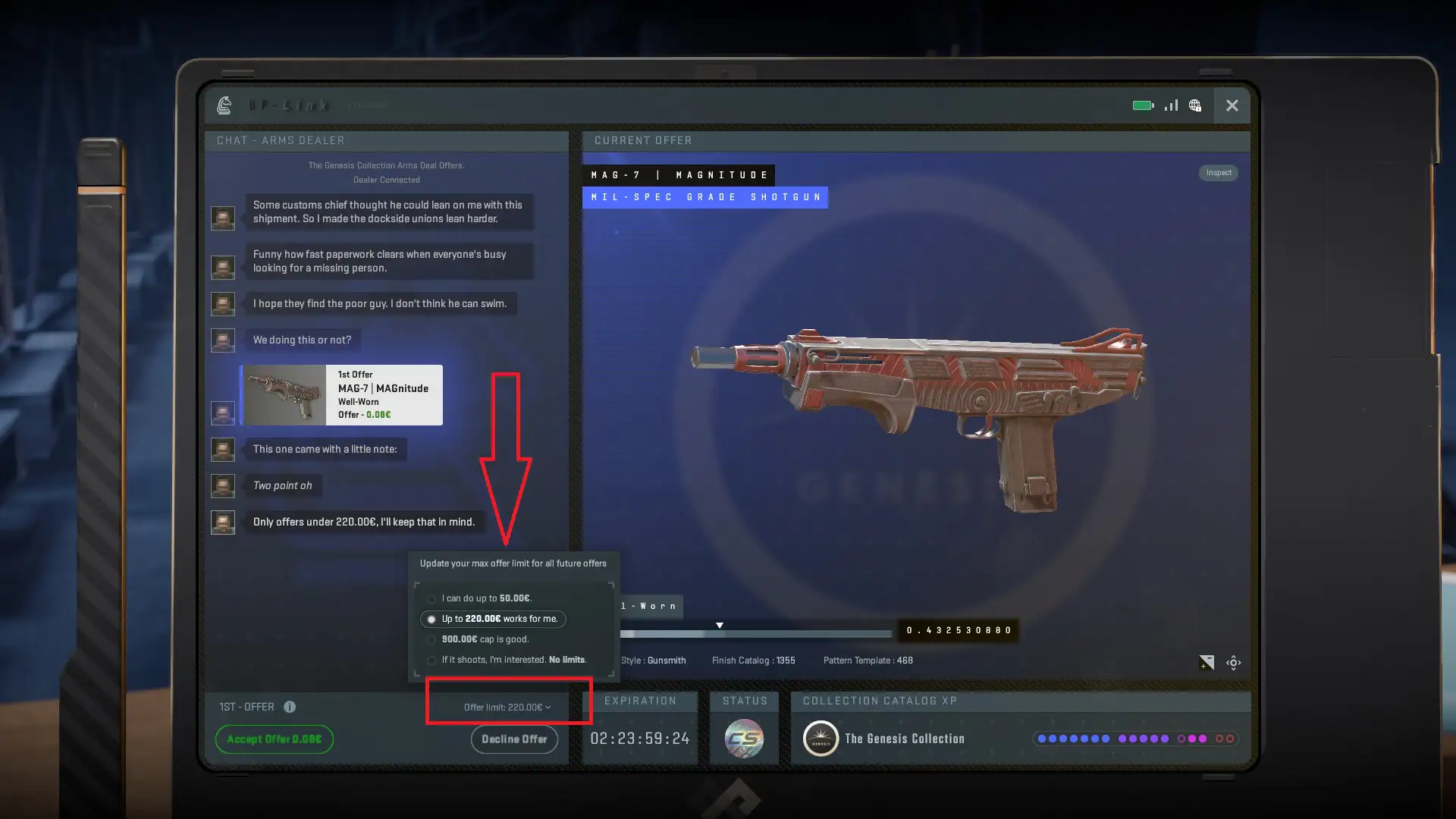 Set maximum offer from CS2 terminal after unsealing it